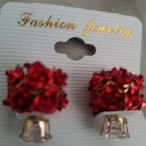Gold, Rhinestone and Red Rose Earrings